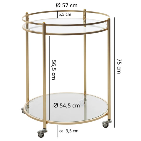 Rootz Side table - Side table on wheels - Kitchen trolley - Serving trolley - Tea trolley - Ø 57 cm - Gold - Glass