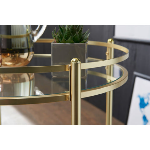 Rootz Side table - Side table on wheels - Kitchen trolley - Serving trolley - Tea trolley - Ø 57 cm - Gold - Glass