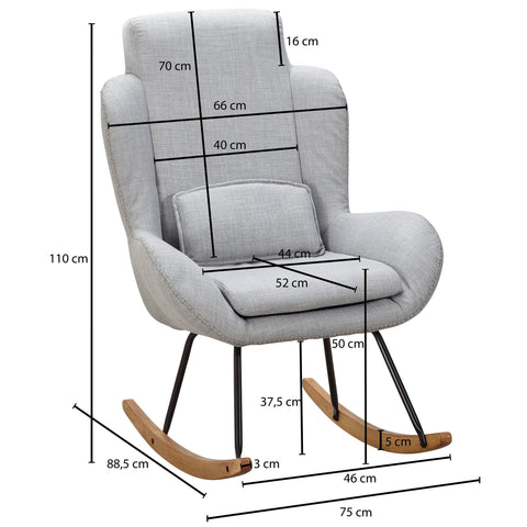 Rootz Rocchair - Moderne schommelfauteuil van grijze stof - Houten frame - Gestoffeerde relaxstoel - 75x110x88,5CM