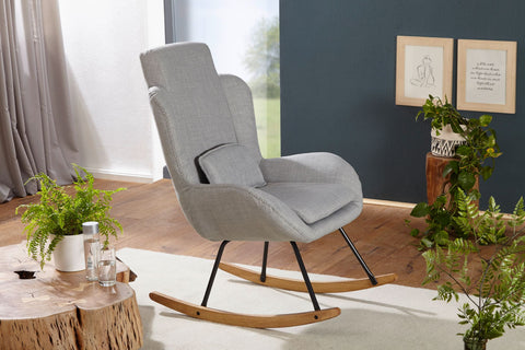 Rootz Rocchair - Moderne schommelfauteuil van grijze stof - Houten frame - Gestoffeerde relaxstoel - 75x110x88,5CM