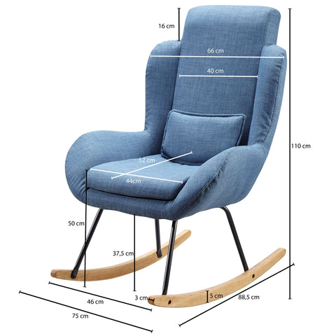 Rootz RocChair Blue Design Relaxfauteuil 75 x 110 x 88,5 cm - Fauteuil stof - hout - Schommelfauteuil met frame - Gestoffeerde Relaxfauteuil RocChair - Moderne rocchair - Hochlehner