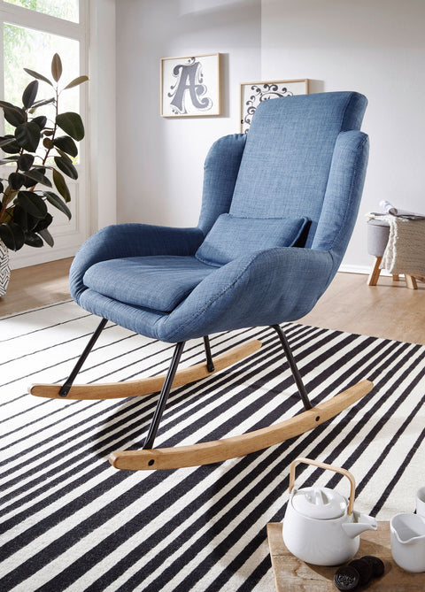 Rootz RocChair Blue Design Relaxfauteuil 75 x 110 x 88,5 cm - Fauteuil stof - hout - Schommelfauteuil met frame - Gestoffeerde Relaxfauteuil RocChair - Moderne rocchair - Hochlehner