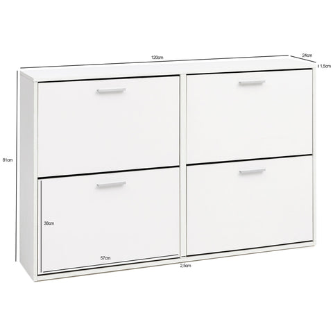 Rootz Modern Shoe Cabinet - White Shoe Rack with 4 Compartments - Design Shoe Storage - Shoe Cupboard with Shelf - High Corridor Chest - 120x81x24cm