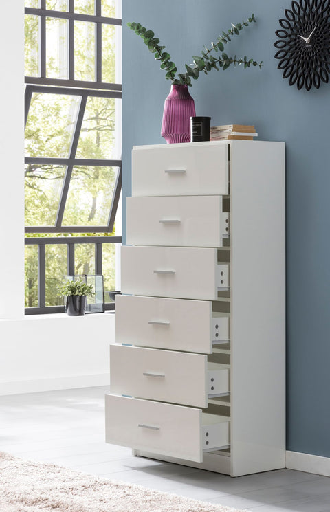 Rootz Sideboard - High Glossy Design - Modern Wood Sideboard - Narrow Dining Room Drawer Chest - White - 60x130x30cm