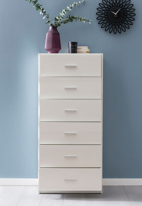 Rootz Sideboard - High Glossy Design - Modern Wood Sideboard - Narrow Dining Room Drawer Chest - White - 60x130x30cm