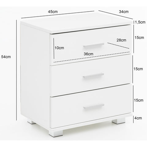 Rootz Bedside table - chest of drawers - 3 drawers - side table - storage space - white - high gloss - processed wood - 45 x 34 x 53 cm