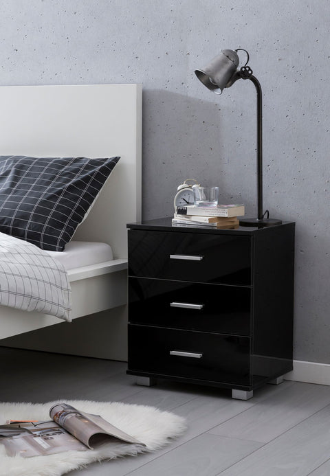 Rootz Night Console - High Gloss Design - Modern Bedside Table with Storage - Small Bedroom Chest of Drawers - Black - 45x54x34cm