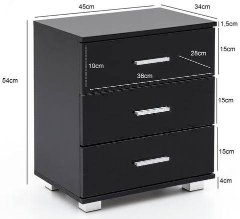 Rootz Night Console - High Gloss Design - Modern Bedside Table with Storage - Small Bedroom Chest of Drawers - Black - 45x54x34cm