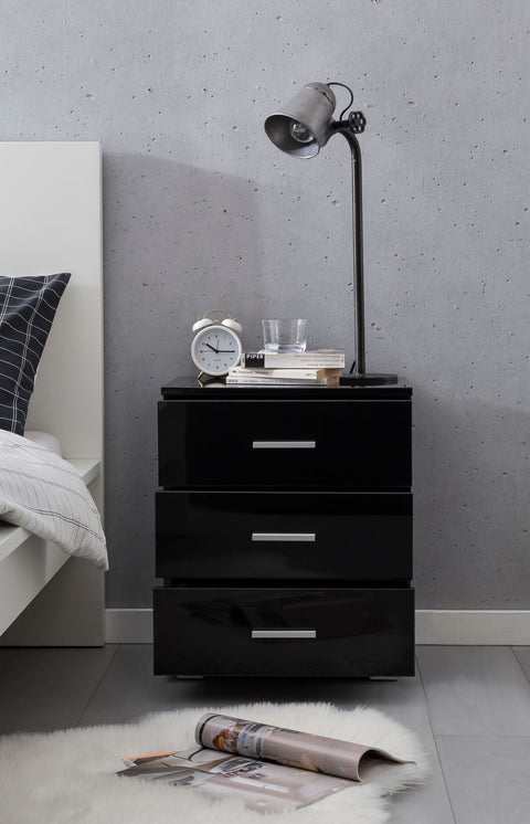 Rootz Night Console - High Gloss Design - Modern Bedside Table with Storage - Small Bedroom Chest of Drawers - Black - 45x54x34cm