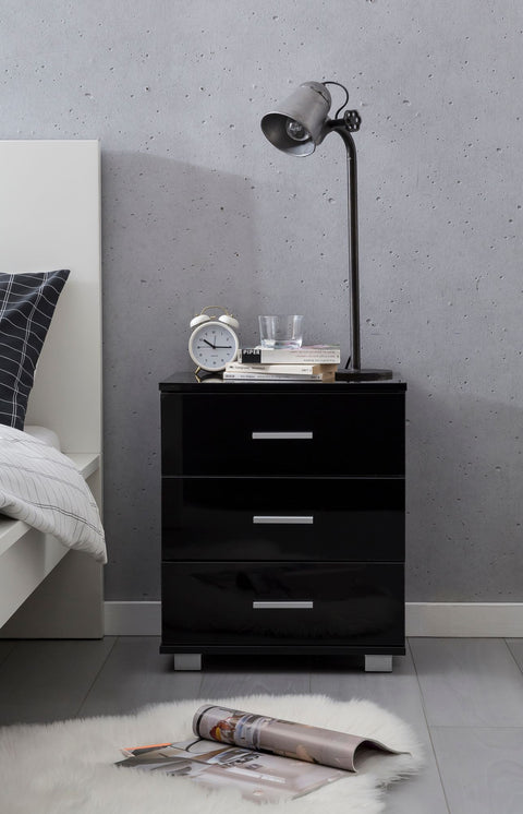 Rootz Night Console - High Gloss Design - Modern Bedside Table with Storage - Small Bedroom Chest of Drawers - Black - 45x54x34cm