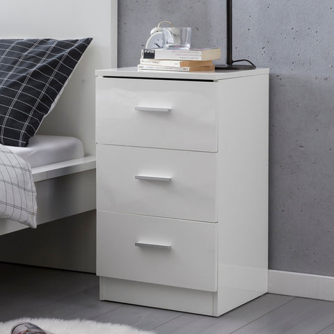 Rootz Nightstand - High Gloss - Box Spring Bedside Table - Bedroom Bedside Table with 3 Drawers - White - 38x66.5x35cm