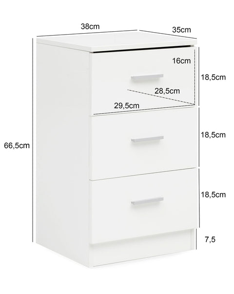 Rootz Nightstand - High Gloss - Box Spring Bedside Table - Bedroom Bedside Table with 3 Drawers - White - 38x66.5x35cm