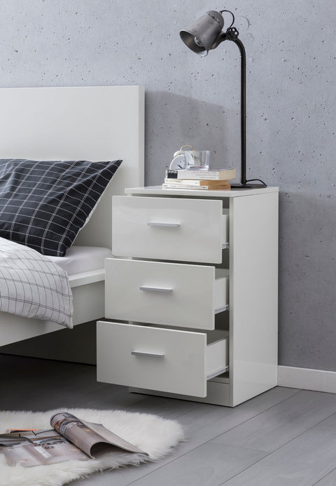 Rootz Nightstand - High Gloss - Box Spring Bedside Table - Bedroom Bedside Table with 3 Drawers - White - 38x66.5x35cm