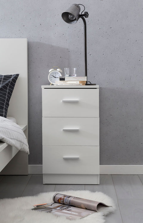 Rootz Nightstand - High Gloss - Box Spring Bedside Table - Bedroom Bedside Table with 3 Drawers - White - 38x66.5x35cm