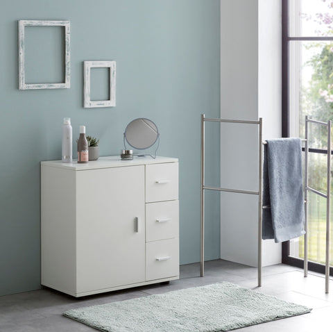 Rootz White Cabinet - Midi Cabinet with Door & Drawers - Small Matt Side Cabinet - Narrow Freestanding Bathroom Shelf - 60x65.5x33 cm