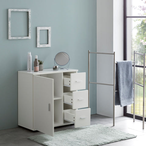 Rootz White Cabinet - Midi Cabinet with Door & Drawers - Small Matt Side Cabinet - Narrow Freestanding Bathroom Shelf - 60x65.5x33 cm