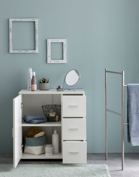 Rootz White Cabinet - Midi Cabinet with Door & Drawers - Small Matt Side Cabinet - Narrow Freestanding Bathroom Shelf - 60x65.5x33 cm