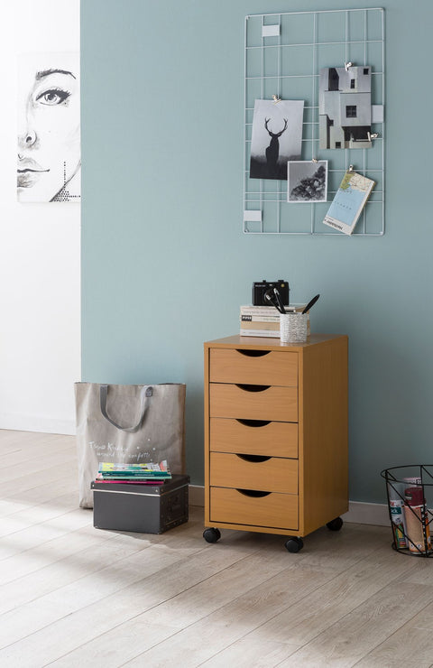 Rootz Roll Container - Sonoma - (MDF Wood) - 5-Drawer Contemporary Office Container - Stand Container with Castors - 33x68x38 cm