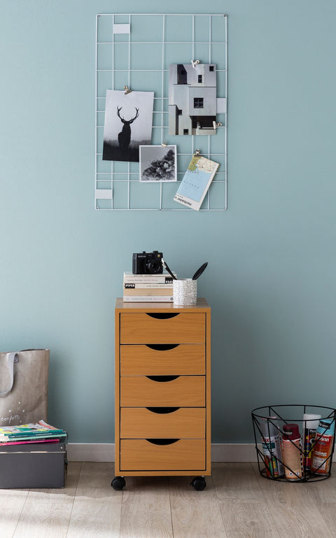 Rootz Roll Container - Sonoma - (MDF Wood) - 5-Drawer Contemporary Office Container - Stand Container with Castors - 33x68x38 cm