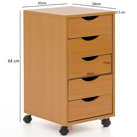 Rootz Roll Container - Sonoma - (MDF Wood) - 5-Drawer Contemporary Office Container - Stand Container with Castors - 33x68x38 cm