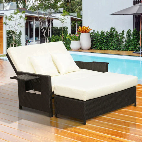 Rootz Poly Rattan Lounge Sofa - Garden Sofa - Sun Lounger - 2-seater - Cushion - Stool - Brown