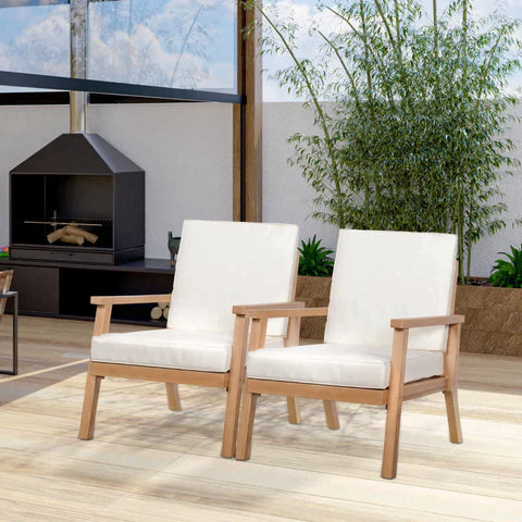 Rootz Armchairs - 2 Garden Chairs - Garden Sofa - With Seat Cushions - Wood/Polyester/Foam - Brown/Beige - 66 x 77.5 x 74.5 cm