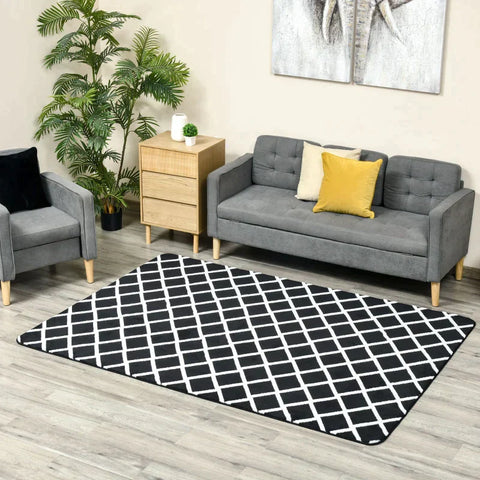 Rootz Diamond Pattern Rug - Carpet - Non-Woven Backing - Living Room - Bedroom - Dining Room - Playroom - Black + White - 230cm x 160cm x 0.7-0.8 cm