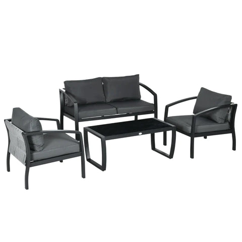 Rootz Garden Furniture Set - for 4 Persons - 1 Glass Table - 1 Sofa - 2 Armchairs - Weather Resistant - Gray + Black - 123L x 68.5W x 61H cm