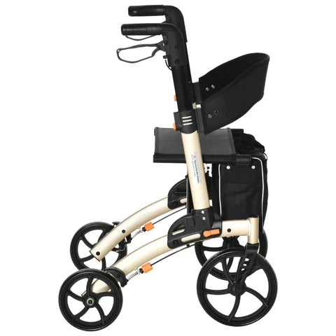 Rootz Rollator Met Stoel - Opvouwbare Walker - Loophulp Voor Senioren Met 4 Wielen - Opbergruimte - In Hoogte Verstelbare Rem - Lichtgewicht - Aluminium - Goud + Grijs - 67 x 64 x 80-92 cm