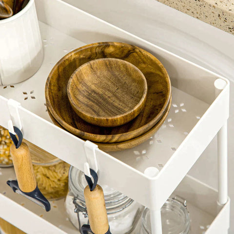 Rootz Kitchen Trolley - Serving Trolley - Kitchen Cart - With 4 Shelves - 3 Flexible Hooks - 4 Casters - White - 40cm x 19cm x 90cm