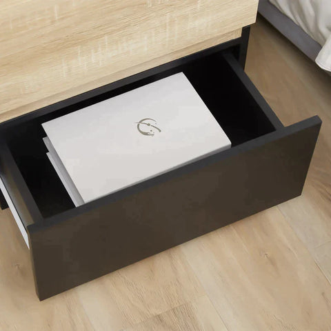 Rootz Bedside Table - Coffee Table With Drawer - Black + Natural - 50 cm x 4 cm x 47.5 cm