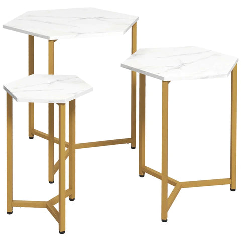 Rootz Set of 3 Side Tables - Art Deco - Marble Effect - Stackable Bedside Table - Coffee Table - White + Gold - 61L x 52.5W x 63H cm
