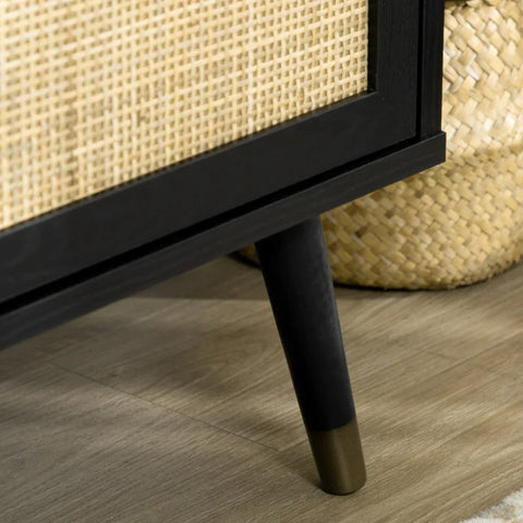 Rootz Tv Bench - Boho Design - Tv Cabinet - Rattan Elements - Solid Wood Legs - 1 Shelf 2 Cabinets - Black + Natural - 150L x 39W x 49H cm