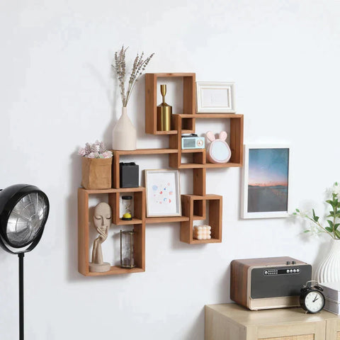 Rootz Wall Shelf - Hanging Shelf - Floating Shelf - 5 Cubes - Interlocking  9 Compartments - Fir Wood - Natural - 71 x 10.2 x 80.5cm