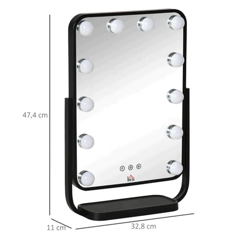 Rootz Makeup Mirror - Hollywood Makeup Mirror - With 12 LED Lights - Metal - Black - 32.8L x 11W x 47.4H cm