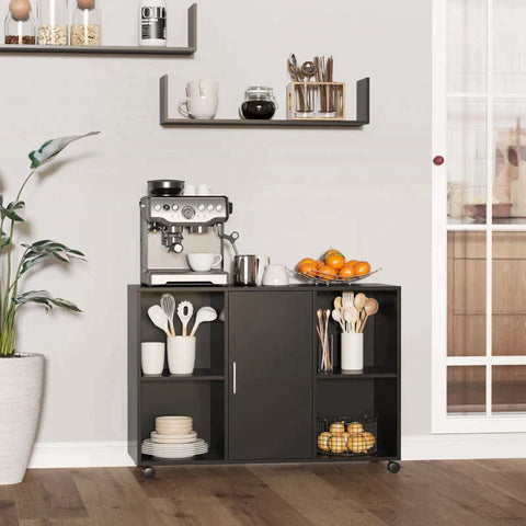 Rootz Printer Table - Printer Stand with Wheels - Filing Cabinet - Office Trolley - Trolley with 4 Compartments 1 Door - Black - 100 x 40 x 71 cm