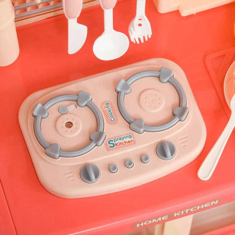 Rootz Children's Kitchen with Accessories - Play Kitchen - Kitchen Toys - Misting Water Spray - Lights - Music Functions Toy Set - Pink/Beige - 60 x 27 x 84 cm