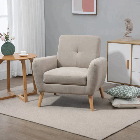 Rootz-Sessel – gepolsterter Sessel – Sessel mit Armlehnen – Wohnzimmerstuhl – Bürostuhl – moderner Leinen-Touch – Holz – Beige – 85 x 85 x 85 cm