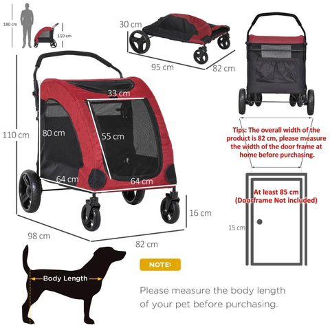 Rootz Pet Trolley - Pet Stroller - Pet Buggy - Dog Buggy - Dog Trailer - Pet Trailer - Red/Black - 98x82x110 cm