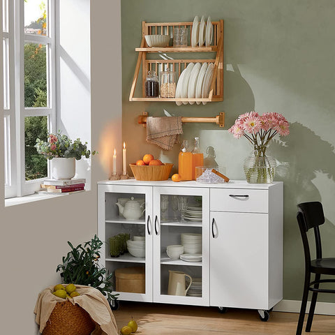 Rootz Keuken Eetkamer Woonkamer Dressoir Opbergkast Kast op Wielen - Opbergkast met Glazen Deurtjes