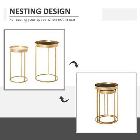 Rootz Side Table - Set of 2 Nesting Coffee Tables with Gold Metal Base - Round Side Table with Embedded Tabletop - Living Room - Bedroom - Gold - 39 cm x 39 cm x 63 cm