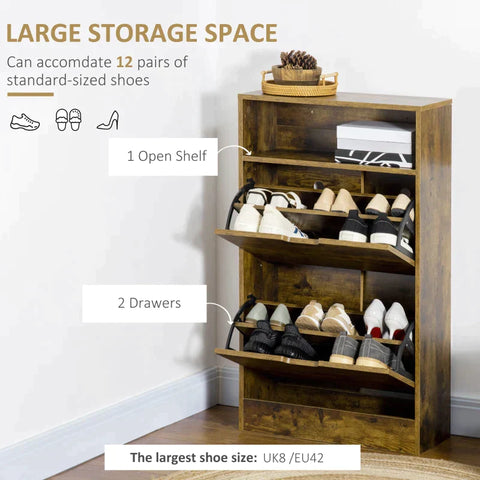 Rootz Shoe Cabinet In Industrial Design - 12 Pairs Of Shoes - 2 Tilting Compartments And 4 Shelves - Adjustable Divider & Open Compartment - Brown - 60 cm x 24 cm x 102 cm