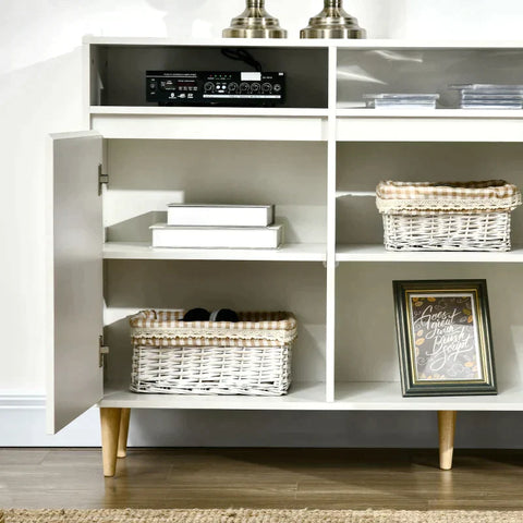 Rootz Sideboard - 3 Cupboards 2 Shelves Incl. Cable - Routing Holes - Wood-based Material - Pine Wood - White - 150 cm × 35 cm × 90 cm