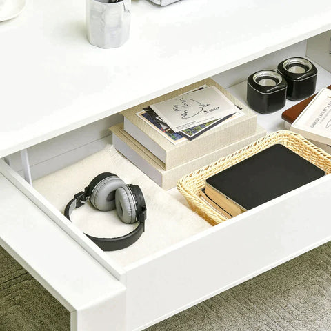 Rootz Couchtisch – Höhenverstellbarer Couchtisch mit versteckten Ablagefächern – Weiß – 105 cm x 79,5 cm x 59 cm