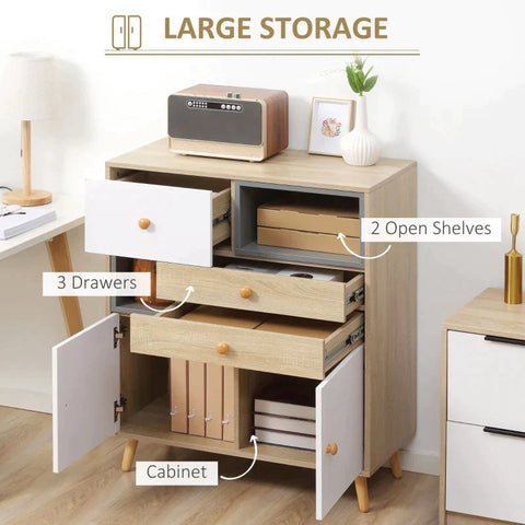 Rootz Sideboard - Sideboard Storage Cabinet - Sideboard In Scandi Design - 2 Drawers - 2 Shelves - 3 Cabinets - White + Natural + Grey - 80 cm x 40 cm x 95.6 cm
