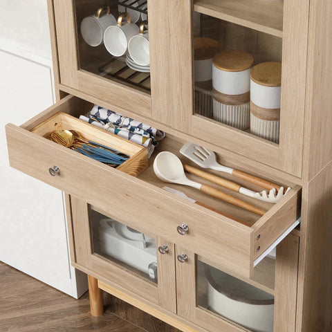Rootz Kitchen Cabinet - Display Cabinet - 5 Storage Compartments - Drawer - Glass Door - Anti-tipper - Wood - Oak - 76 x 40 x 183 cm