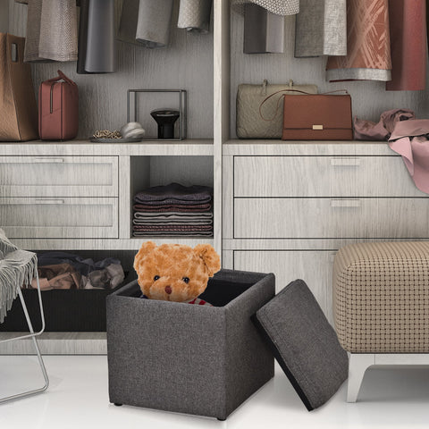 Rootz Hocker - Storage space - Pouf - Linen - Tray - Stool - 42 x 42 x 41 cm - Dark gray