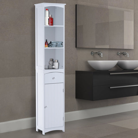 Rootz Bathroom Cabinet - Bathroom Furniture - 3 Shelves - 34 x 24 x 170 cm - 1 Drawer - 1 Door - High Cabinet - MDF - White