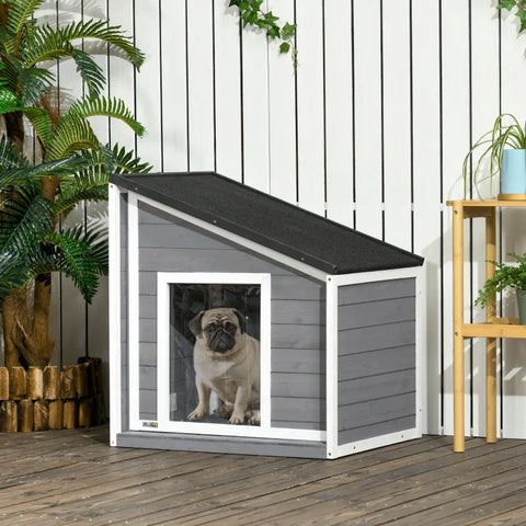 Rootz Hondenkennel - Massief Hout - Weerbestendig - Asfaltdak - Grijs + Wit - 71cm x 58cm x 77cm