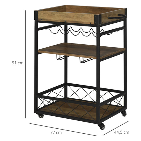 Rootz Keukentrolley - Serveerwagen - Keukentrolley - Wijnrek - Glashouder - Rem - Op wielen - Metaal - Bruin - Zwart